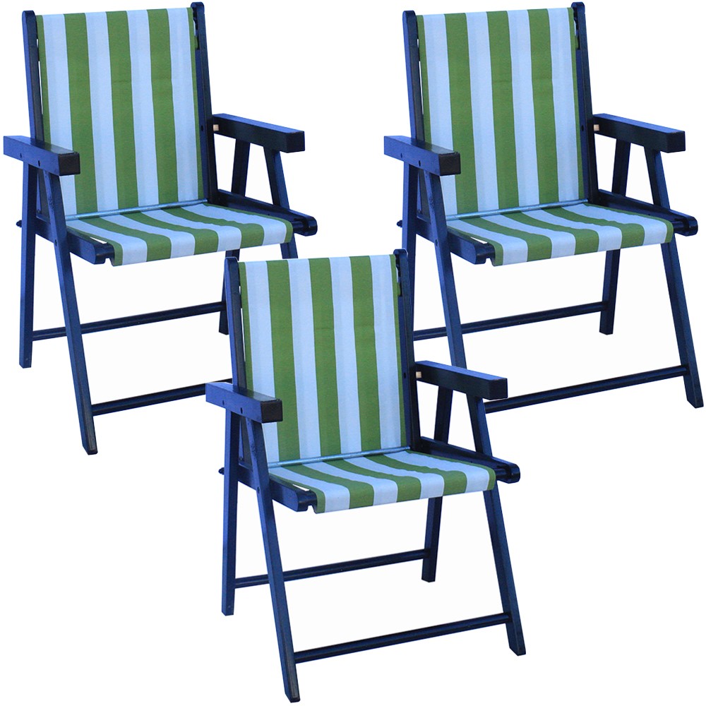 Kit 3 Cadeira Praia Dobrável Madeira Black-List Verde/Branco