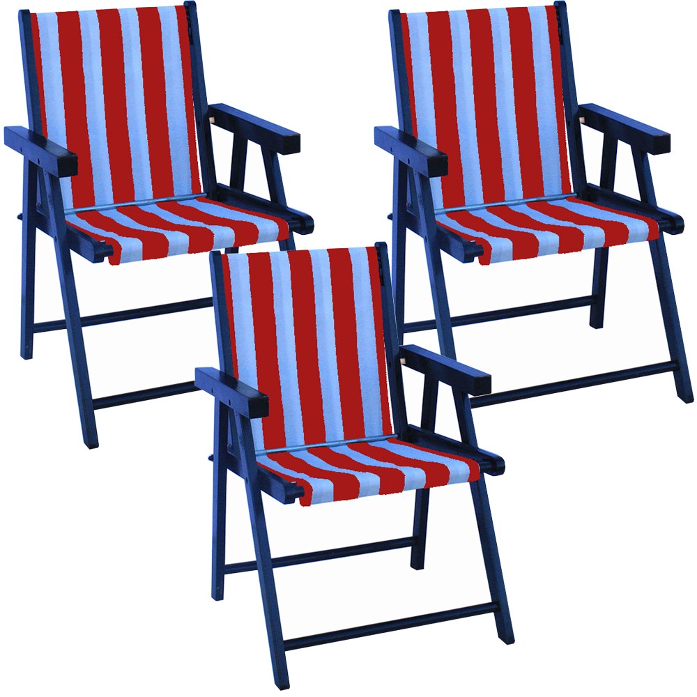 Kit 3 Cadeira Praia Dobrável Madeira Black-List Vermelho/Branco