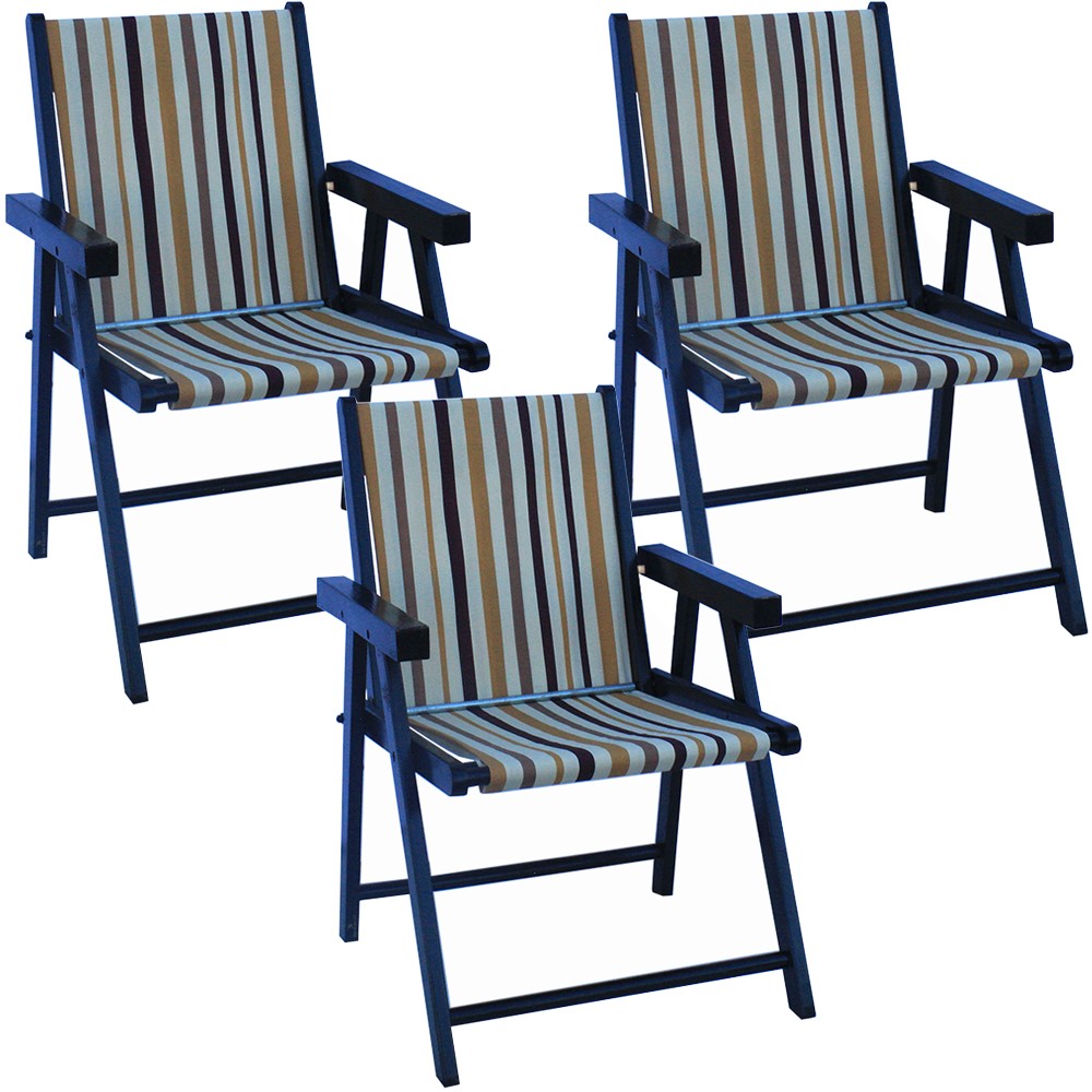 Kit 3 Cadeira Praia Dobrável Madeira Black-Listrado Marrom