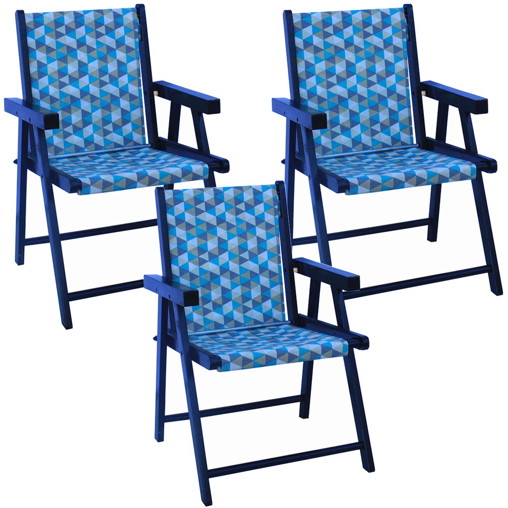 Kit 3 Cadeira Praia Dobrável Madeira Black-Triang Azul