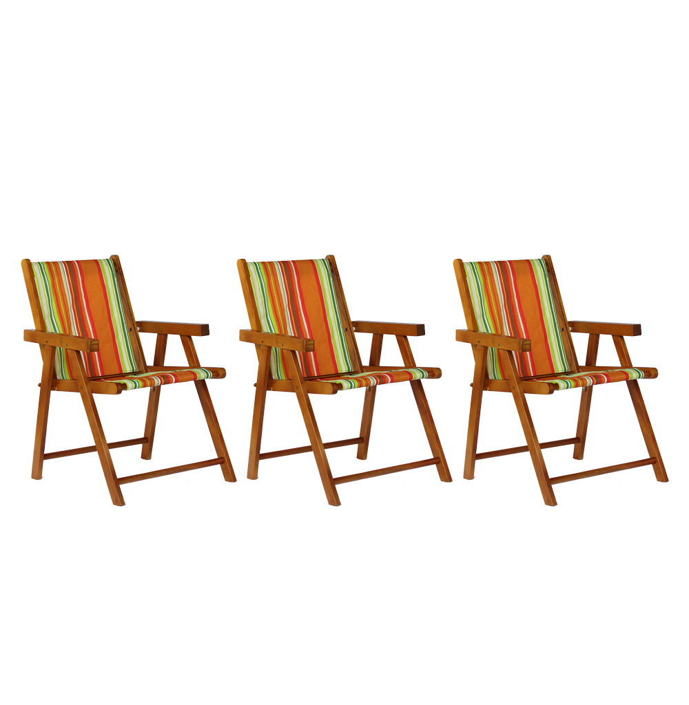 Kit 3 Cadeira Praia Dobrável Madeira Envernizada-List Laranja