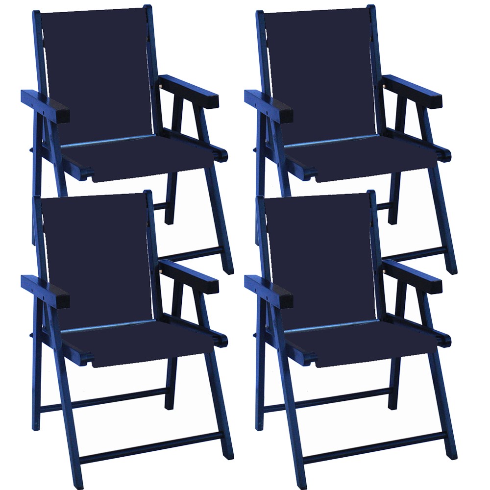 Kit 4 Cadeira Praia Dobrável Madeira Black-Azul Marinho
