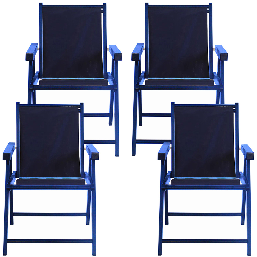 Kit 4 Cadeira Praia Dobrável Madeira Black-Azul Marinho