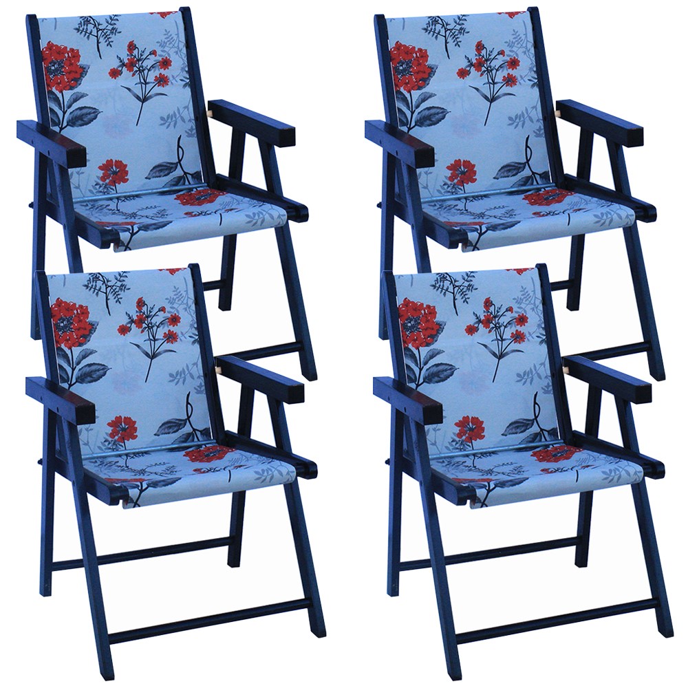Kit 4 Cadeira Praia Dobrável Madeira Black-Cinza Floral