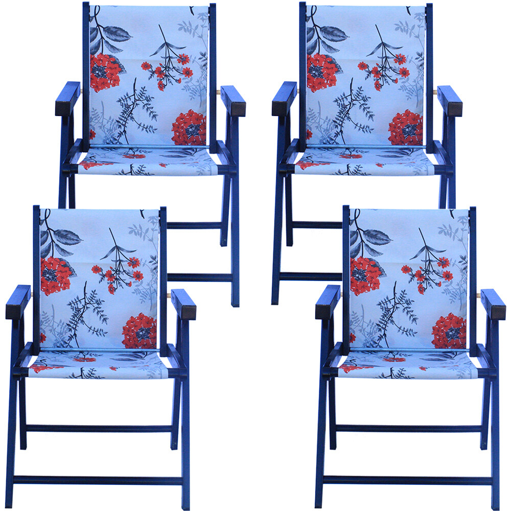 Kit 4 Cadeira Praia Dobrável Madeira Black-Cinza Floral