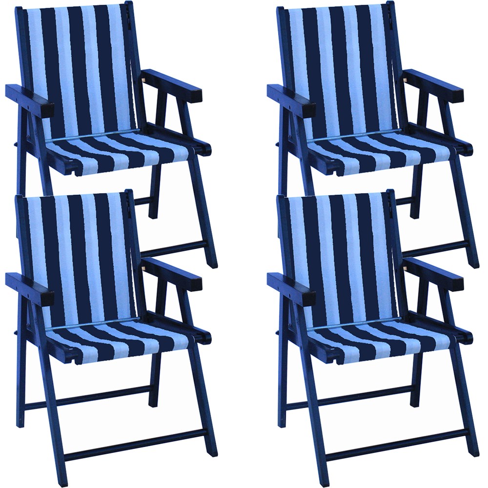 Kit 4 Cadeira Praia Dobrável Madeira Black-List Azul/Branco