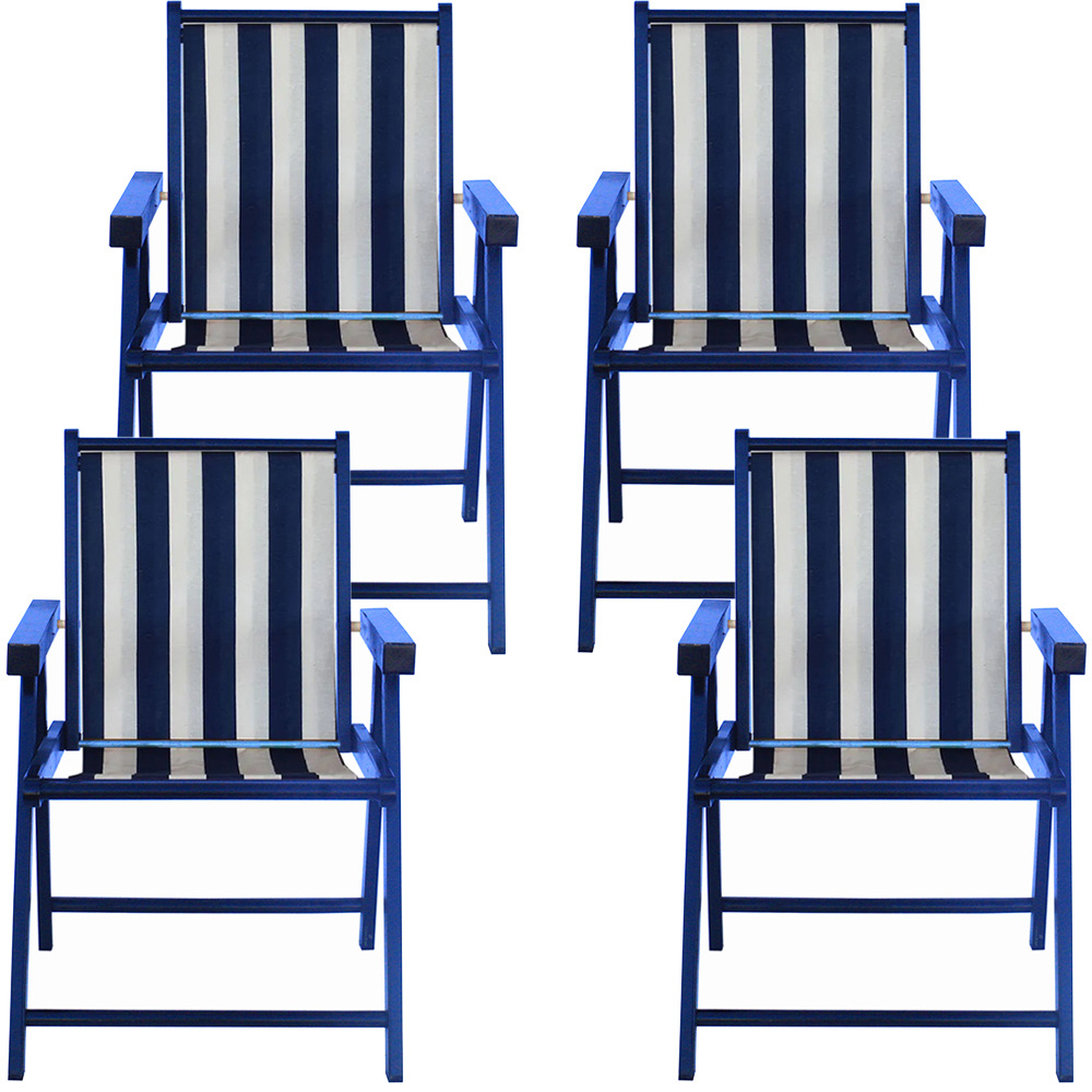 Kit 4 Cadeira Praia Dobrável Madeira Black-List Azul/Branco