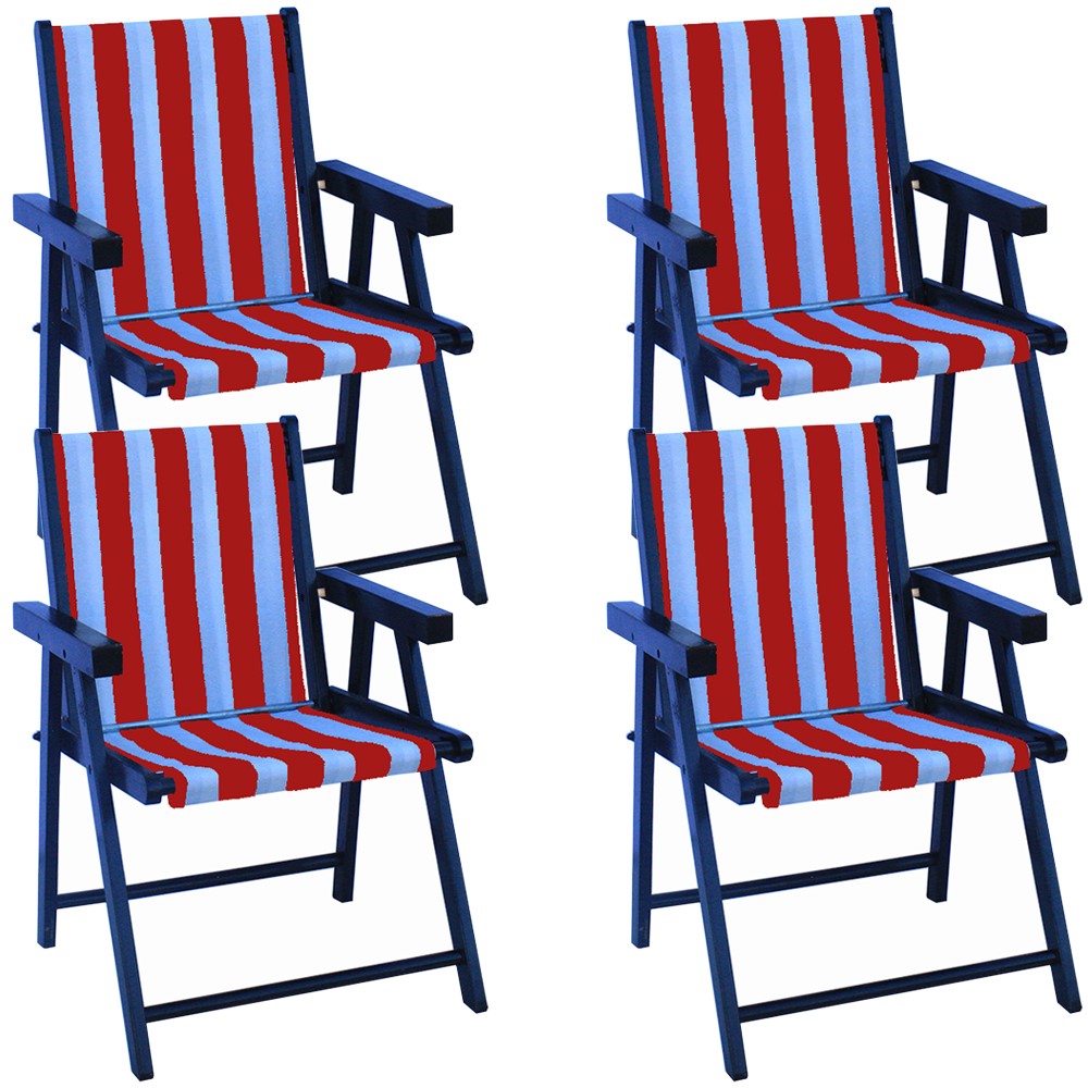 Kit 4 Cadeira Praia Dobrável Madeira Black-List Vermelho/Branco