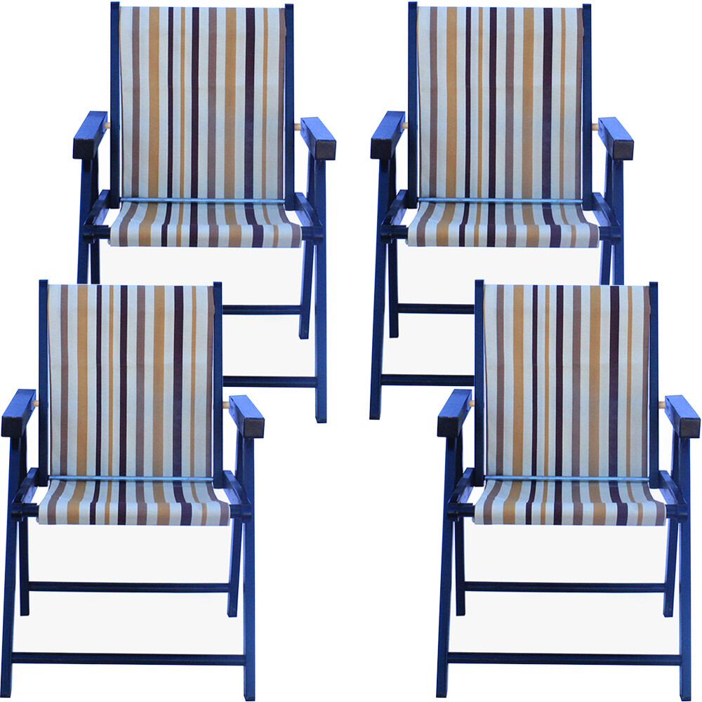 Kit 4 Cadeira Praia Dobrável Madeira Black-Listrado Marrom