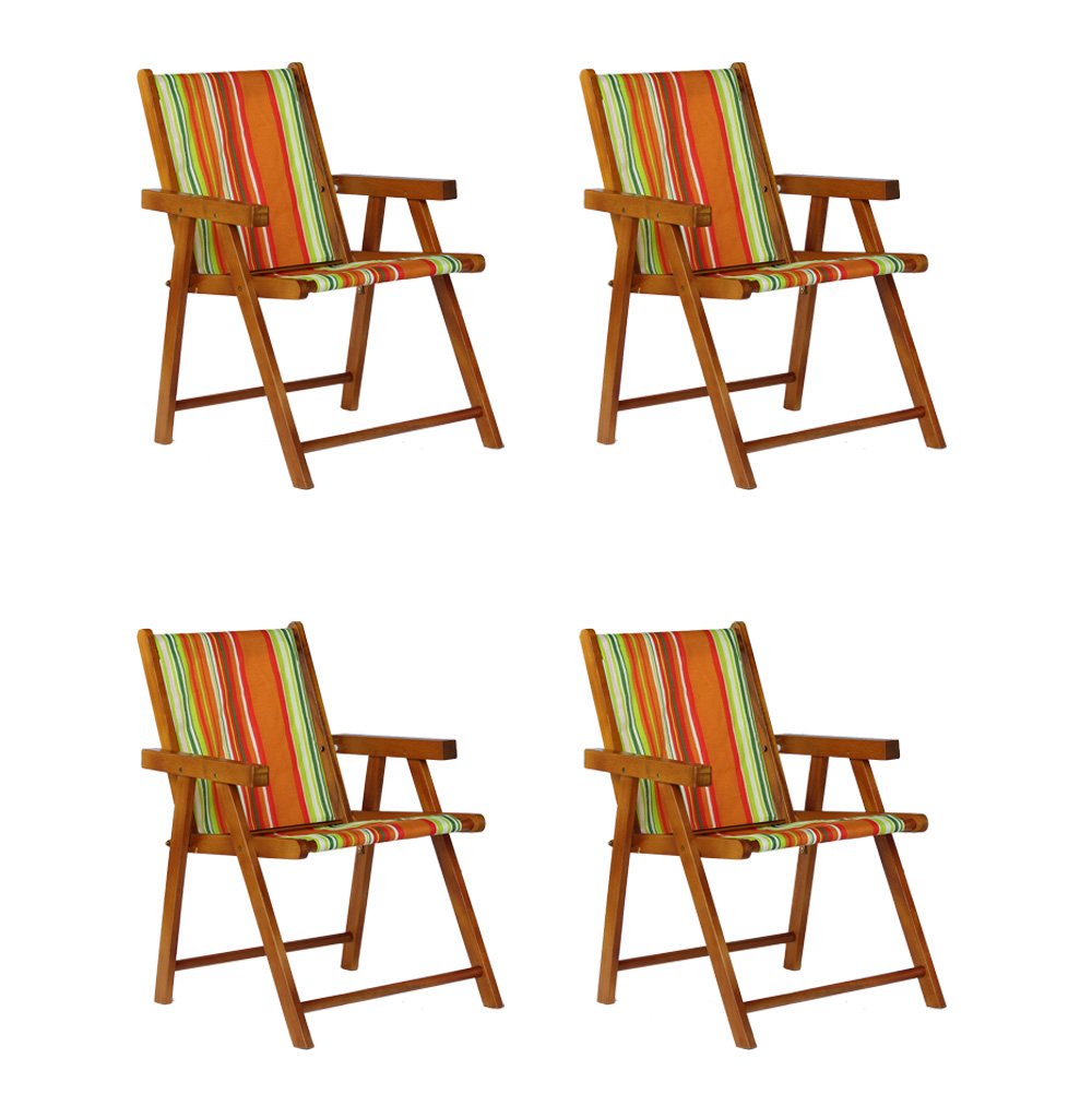 Kit 4 Cadeira Praia Dobrável Madeira Envernizada-List Laranja
