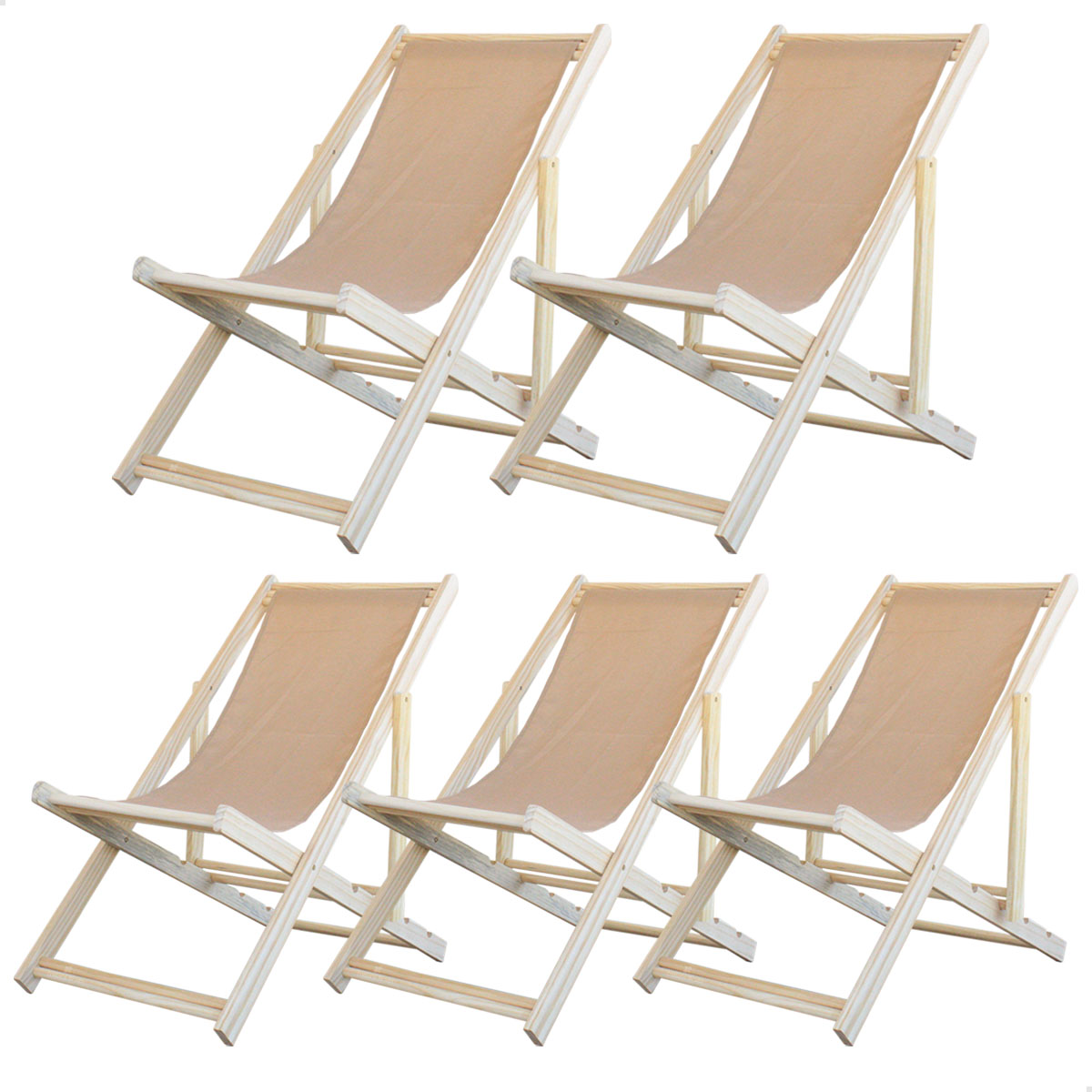 Kit 5 Cadeira Madeira Espreguiçadeira Dobrável SB-Bege