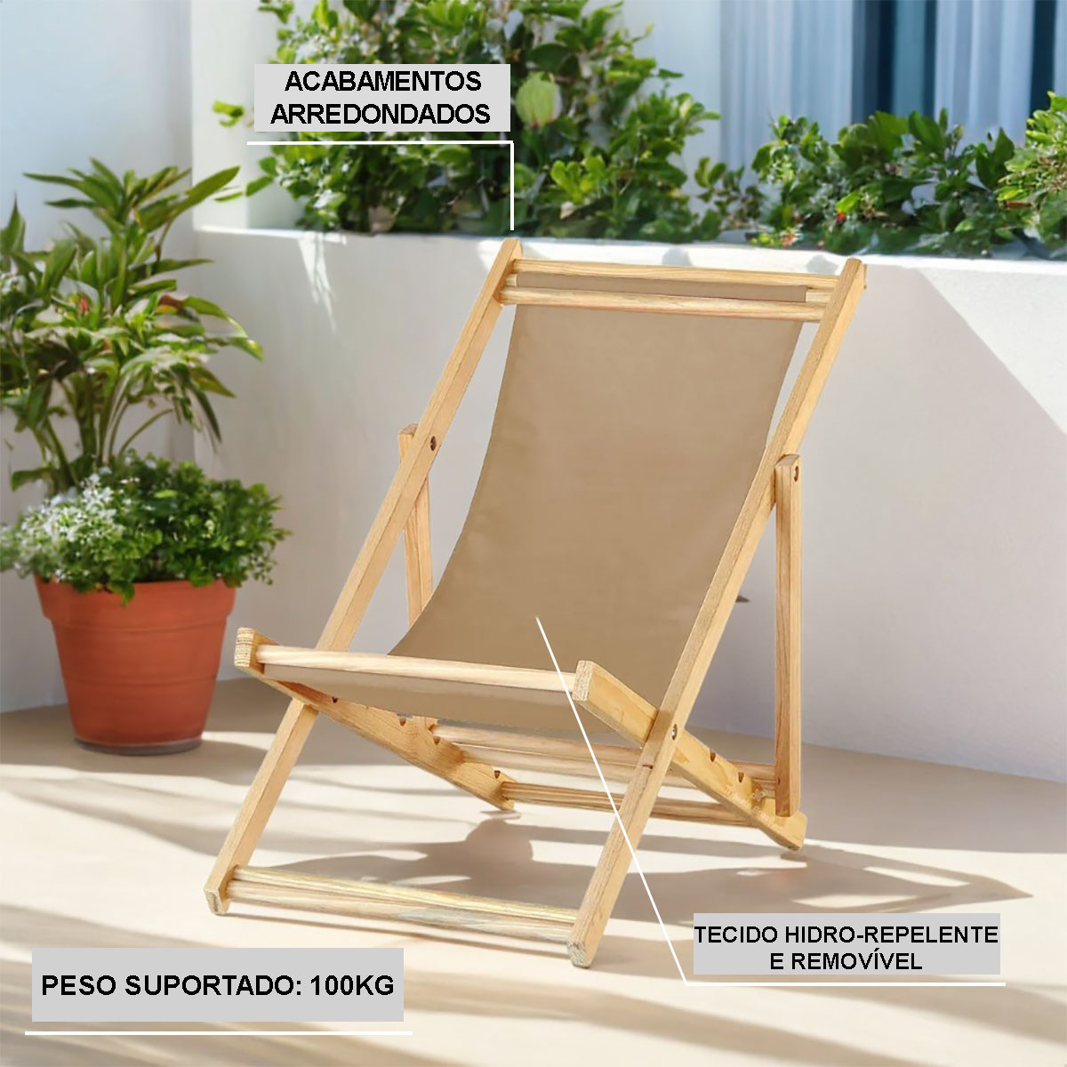 Kit 5 Cadeira Madeira Espreguiçadeira Dobrável SB-Branco