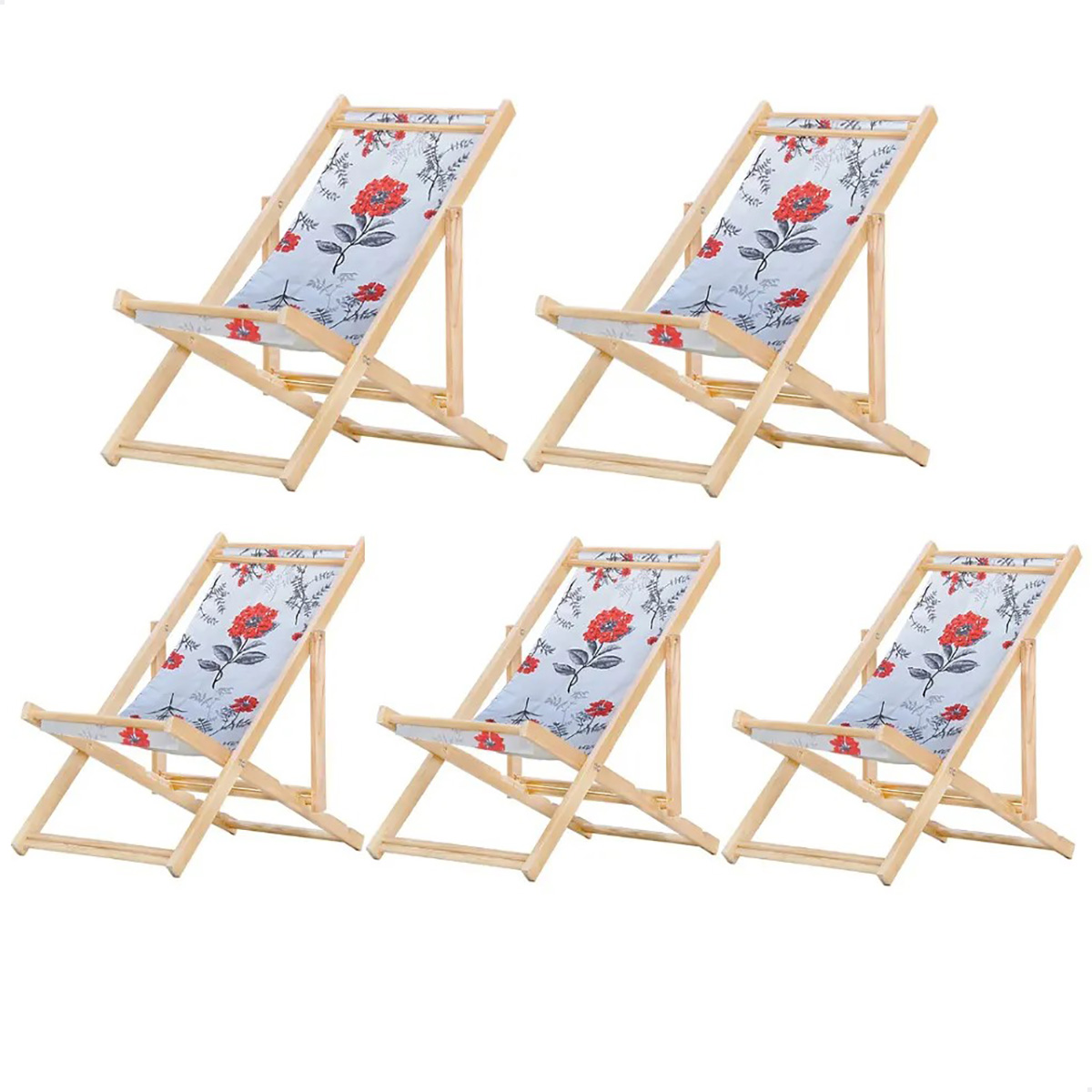 Kit 5 Cadeira Madeira Espreguiçadeira Dobrável SB-Cinza Floral