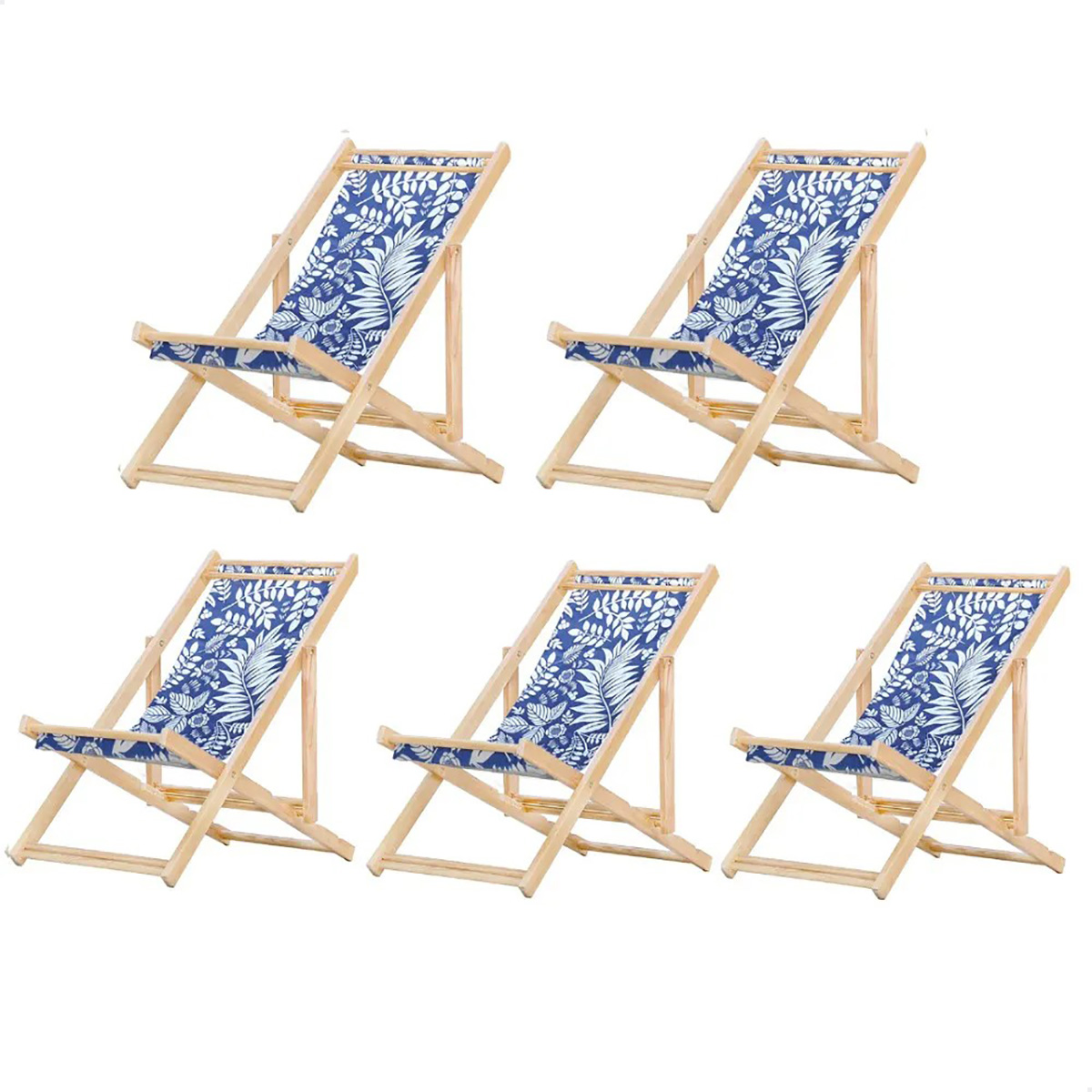 Kit 5 Cadeira Madeira Espreguiçadeira Dobrável SB-Folhas Brancas