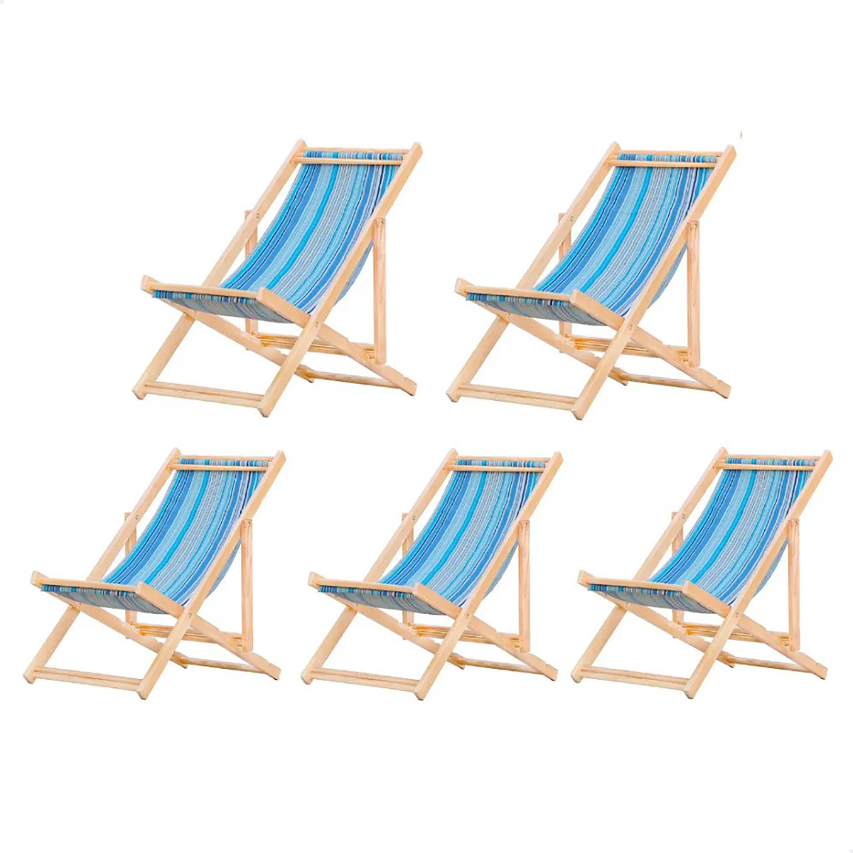 Kit 5 Cadeira Madeira Espreguiçadeira Dobrável SB-Listras Azuis