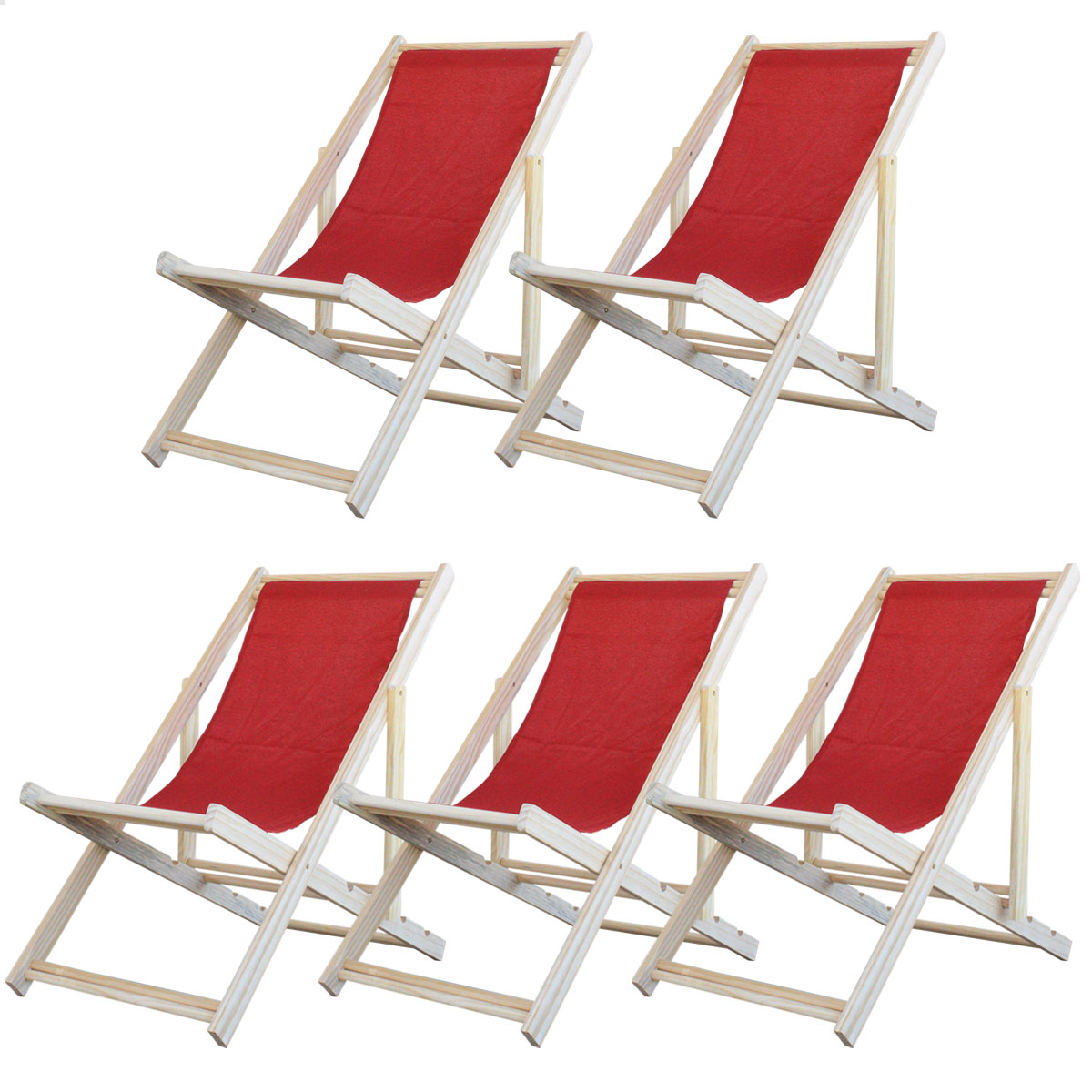 Kit 5 Cadeira Madeira Espreguiçadeira Dobrável SB-Vermelho
