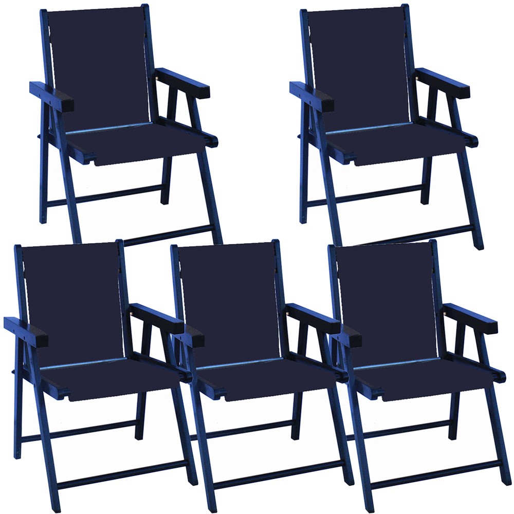 Kit 5 Cadeira Praia Dobrável Madeira Black-Azul Marinho