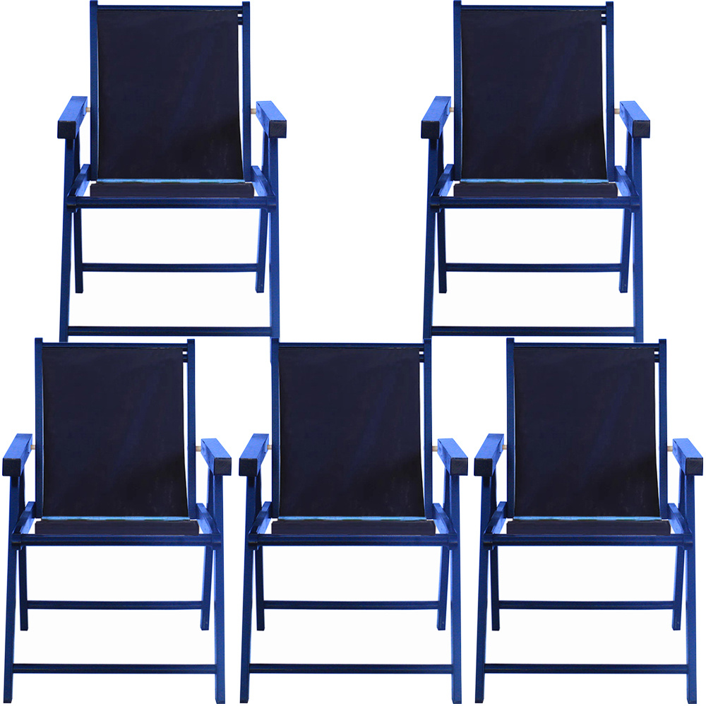 Kit 5 Cadeira Praia Dobrável Madeira Black-Azul Marinho
