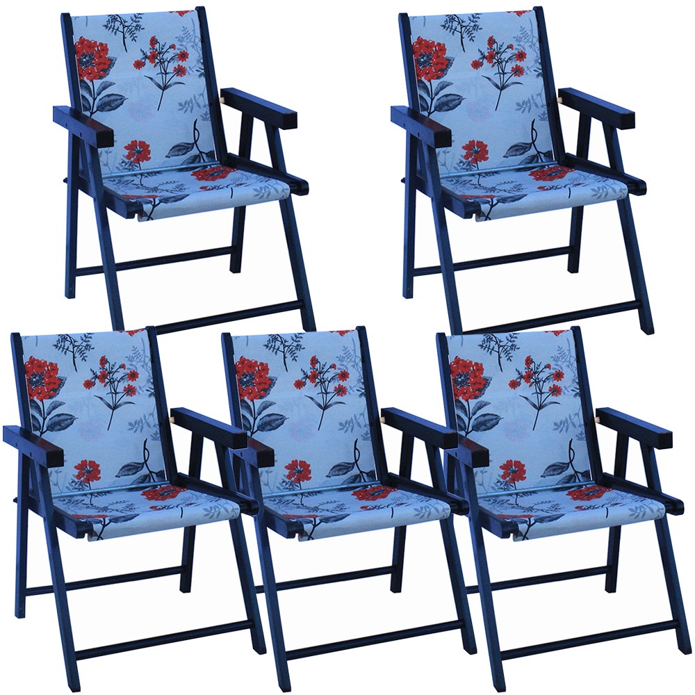 Kit 5 Cadeira Praia Dobrável Madeira Black-Cinza Floral