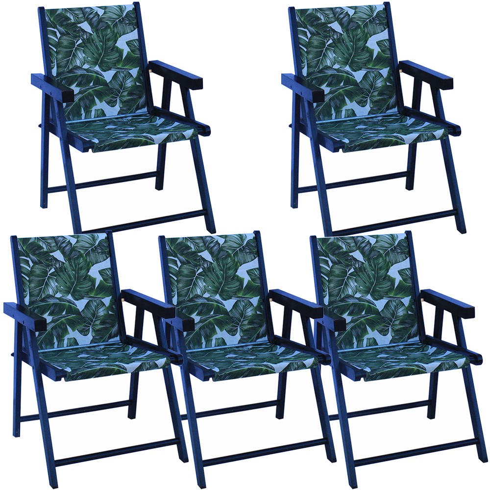 Kit 5 Cadeira Praia Dobrável Madeira Black-Folhas Verdes