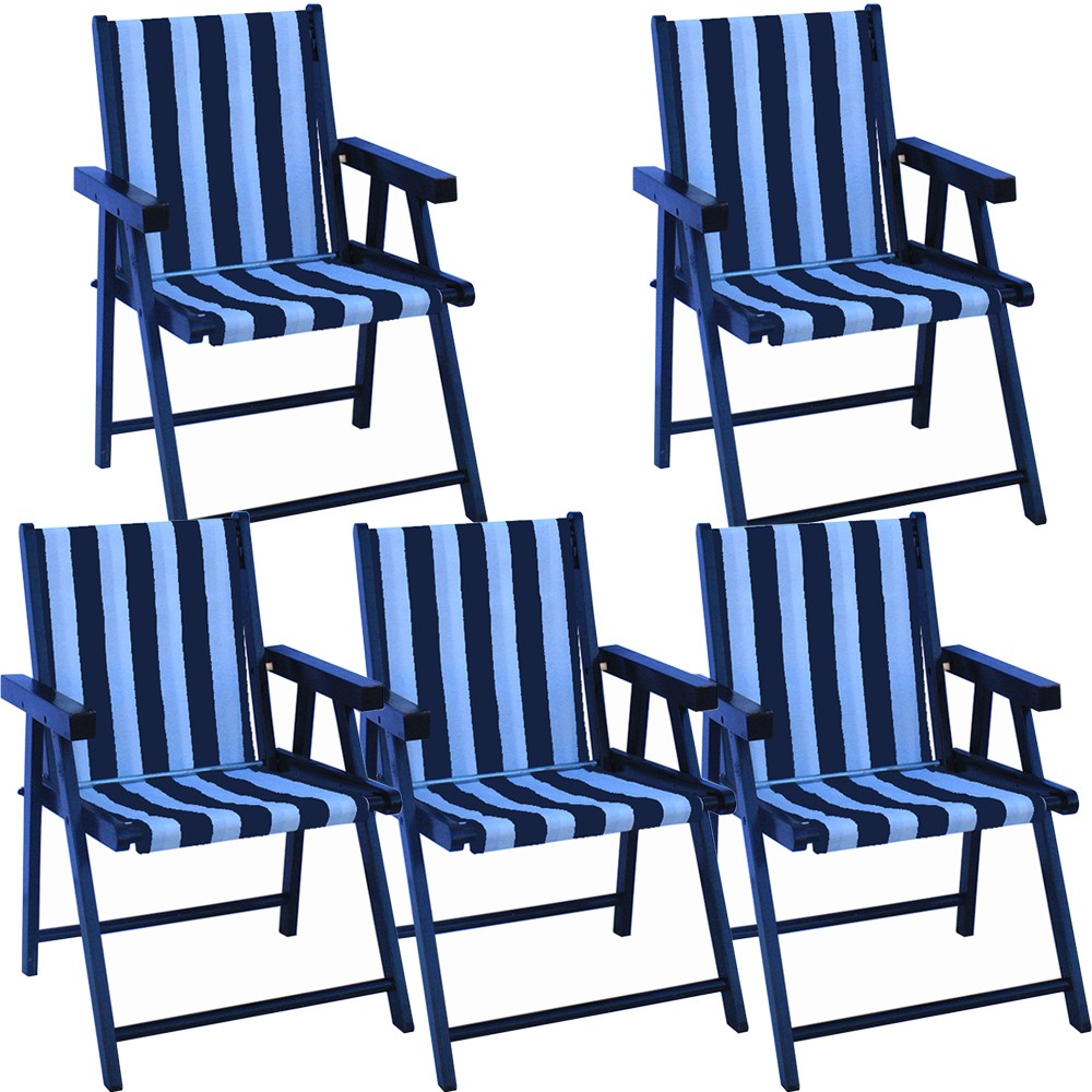 Kit 5 Cadeira Praia Dobrável Madeira Black-List Azul/Branco
