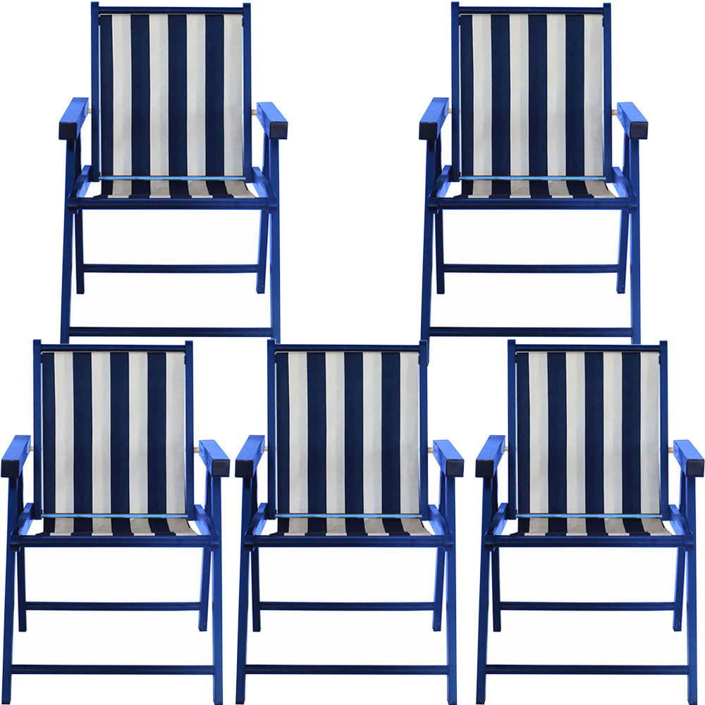 Kit 5 Cadeira Praia Dobrável Madeira Black-List Azul/Branco
