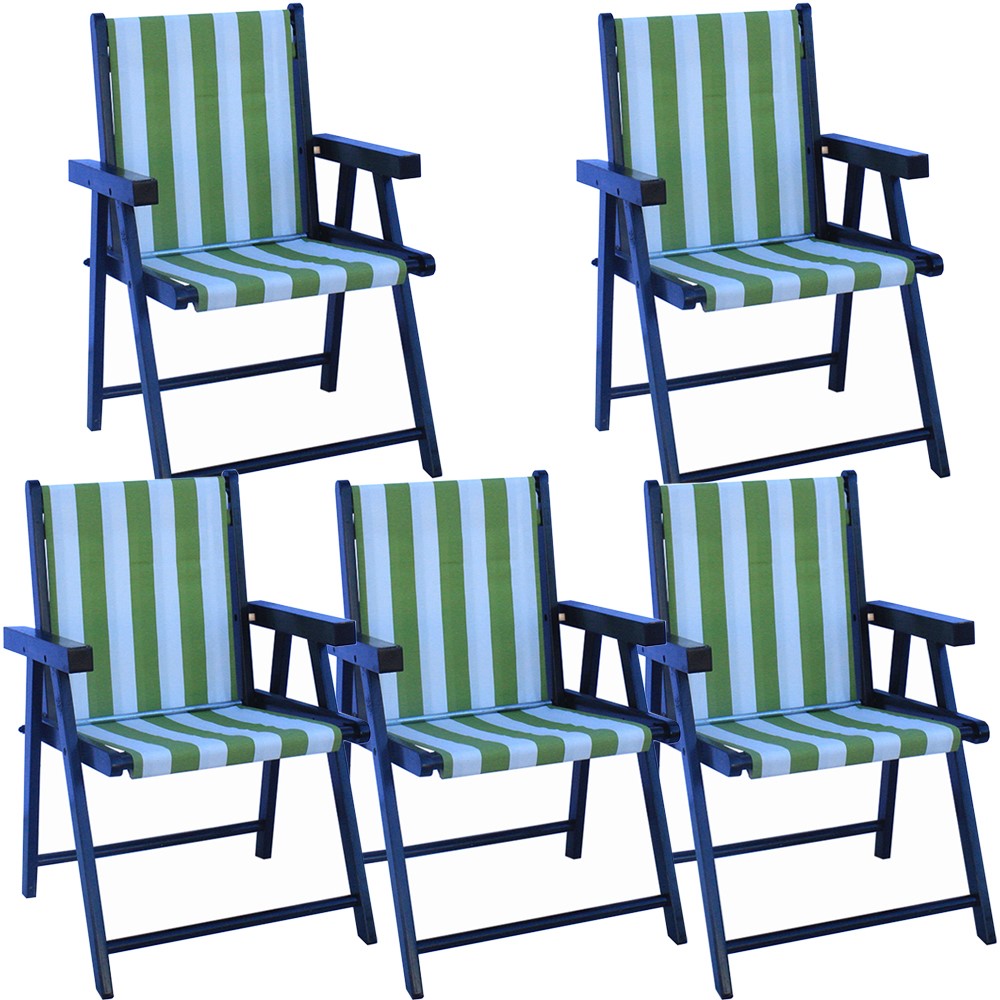 Kit 5 Cadeira Praia Dobrável Madeira Black-List Verde/Branco