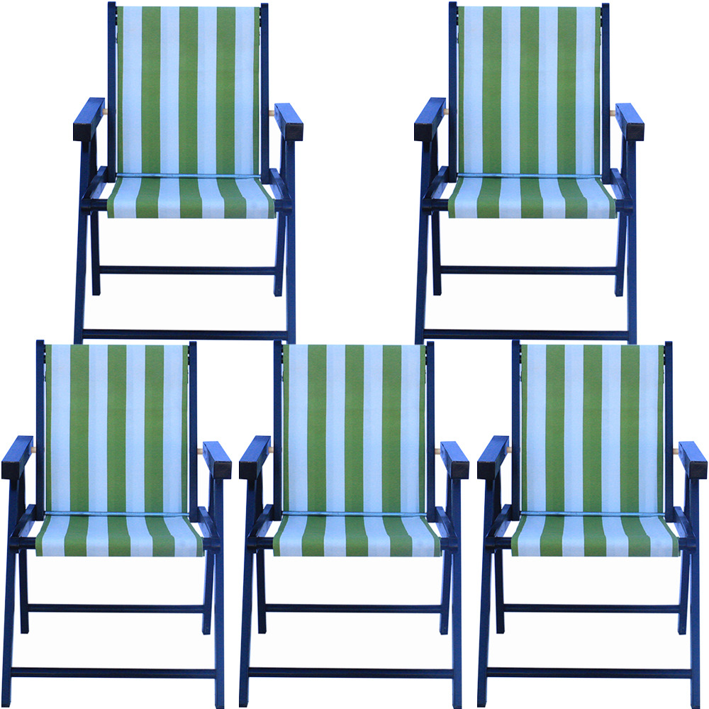 Kit 5 Cadeira Praia Dobrável Madeira Black-List Verde/Branco