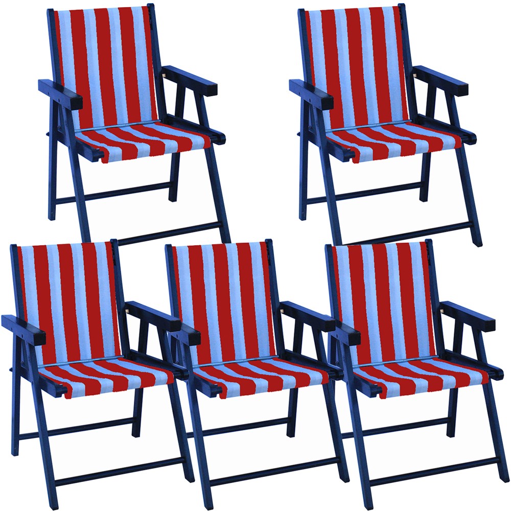 Kit 5 Cadeira Praia Dobrável Madeira Black-List Vermelho/Branco