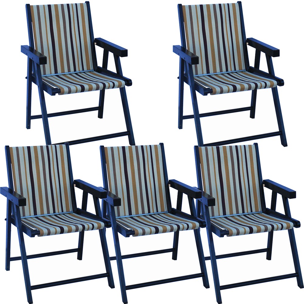 Kit 5 Cadeira Praia Dobrável Madeira Black-Listrado Marrom