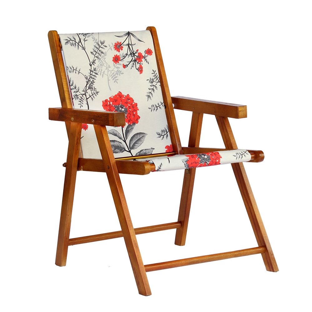 Kit 5 Cadeira Praia Dobrável Madeira Envernizada-Cinza Floral