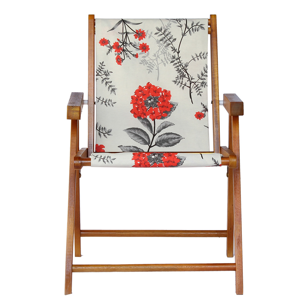Kit 5 Cadeira Praia Dobrável Madeira Envernizada-Cinza Floral