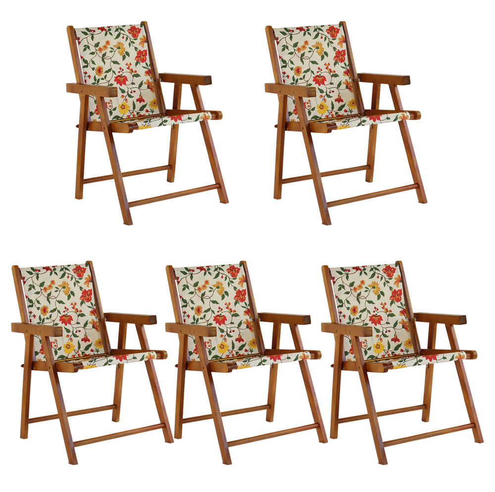 Kit 5 Cadeira Praia Dobrável Madeira Envernizada-Floral