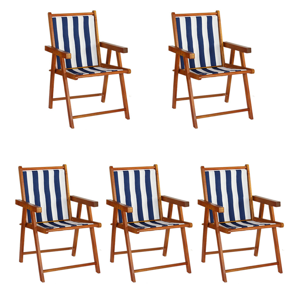 Kit 5 Cadeira Praia Dobrável Madeira Envernizada-L Azul/Branco