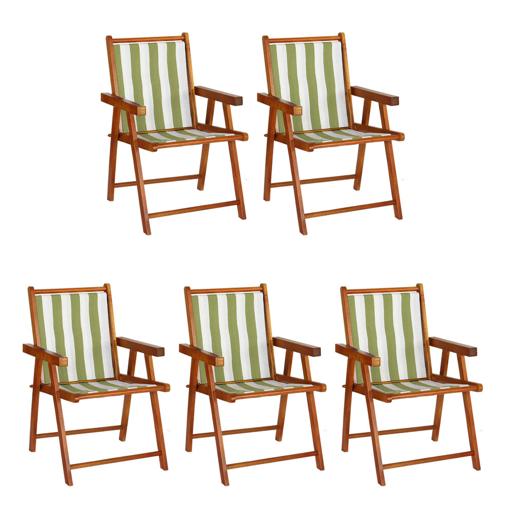 Kit 5 Cadeira Praia Dobrável Madeira Envernizada-L Verde/Branco