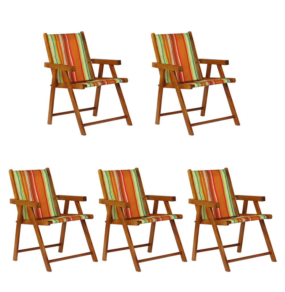 Kit 5 Cadeira Praia Dobrável Madeira Envernizada-List Laranja
