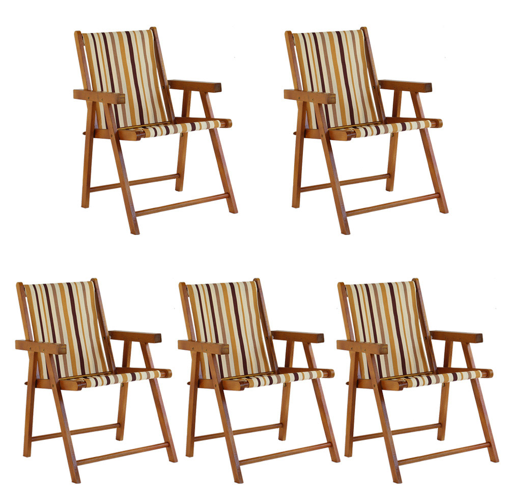 Kit 5 Cadeira Praia Dobrável Madeira Envernizada-List Marrom