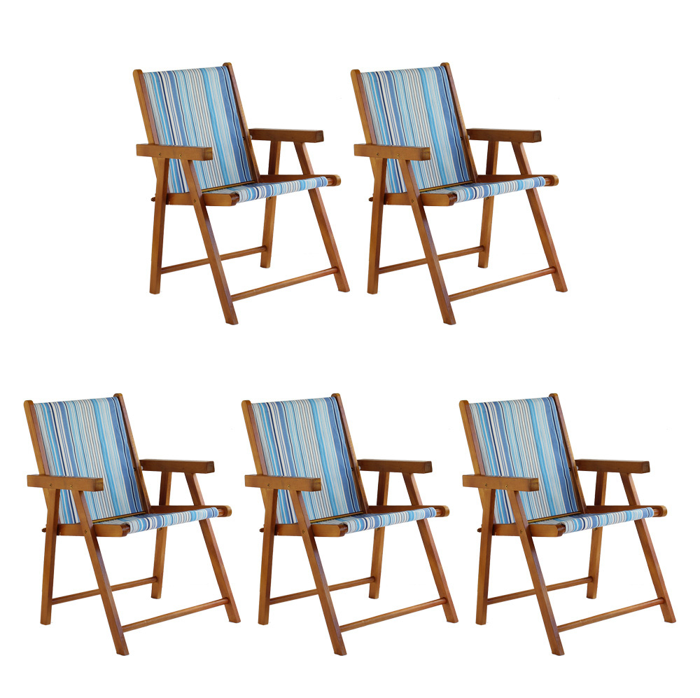 Kit 5 Cadeira Praia Dobrável Madeira Envernizada-Listras Azuis