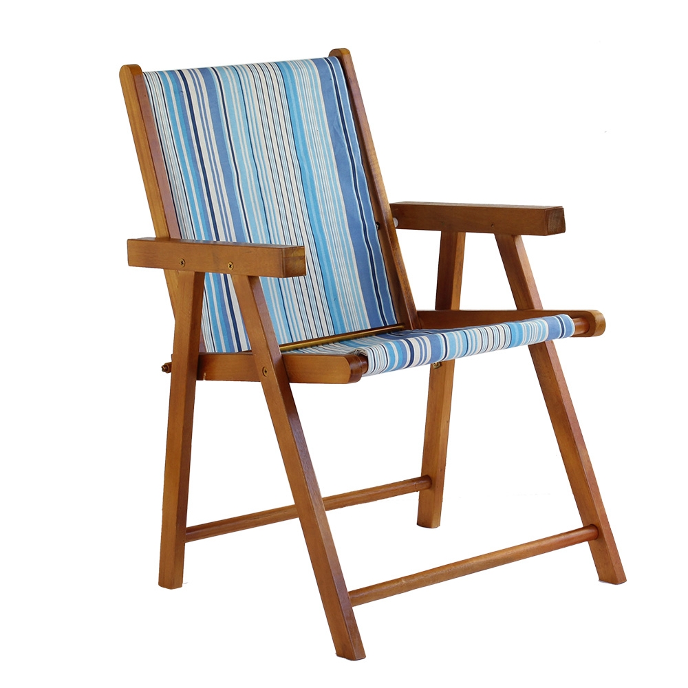 Kit 5 Cadeira Praia Dobrável Madeira Envernizada-Listras Azuis