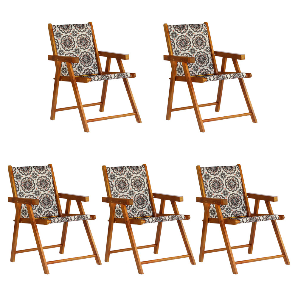 Kit 5 Cadeira Praia Dobrável Madeira Envernizada-Mandala