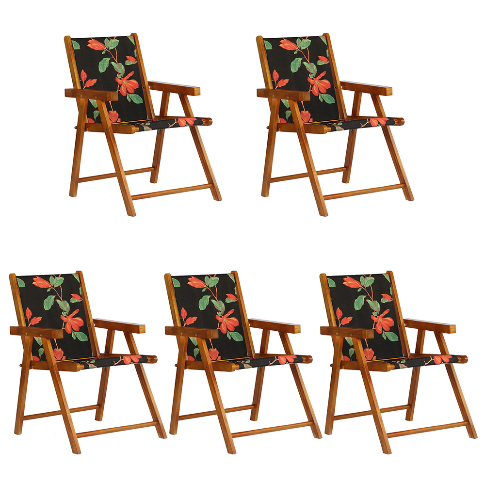 Kit 5 Cadeira Praia Dobrável Madeira Envernizada-Preto Flores
