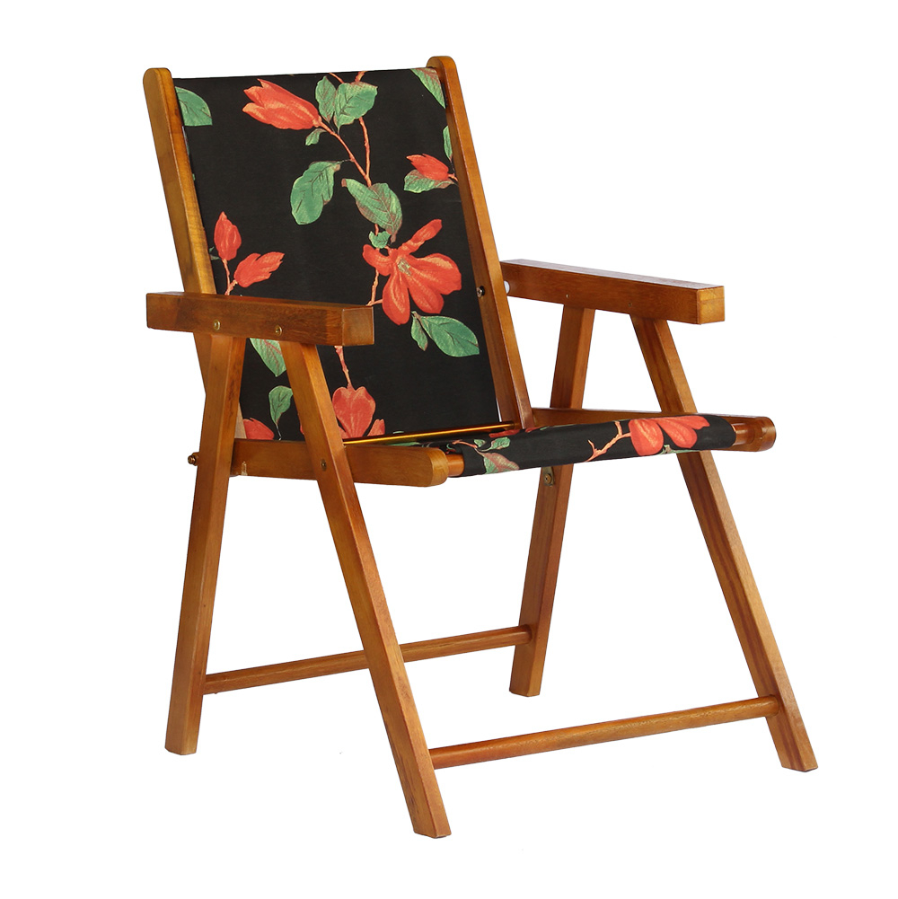 Kit 5 Cadeira Praia Dobrável Madeira Envernizada-Preto Flores