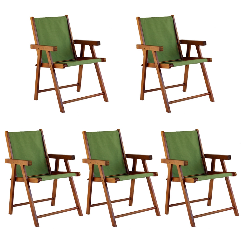 Kit 5 Cadeira Praia Dobrável Madeira Envernizada-Verde