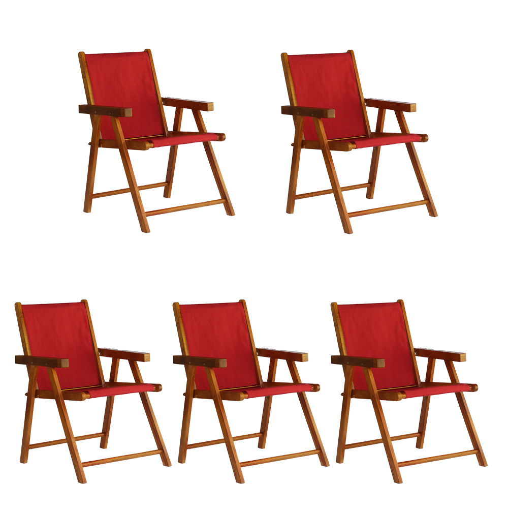 Kit 5 Cadeira Praia Dobrável Madeira Envernizada-Vermelho