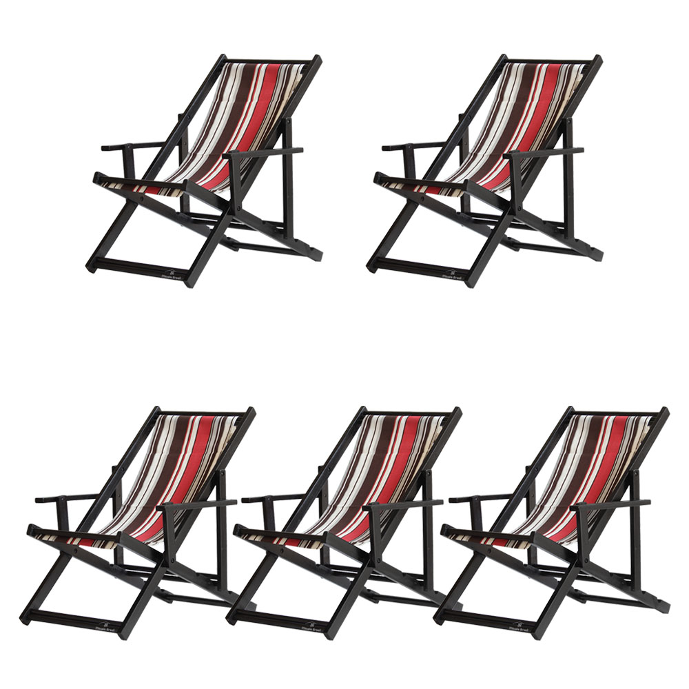Kit 5 Espreguiçadeiras Dobrável Black CB-L Marrom/Vermelho