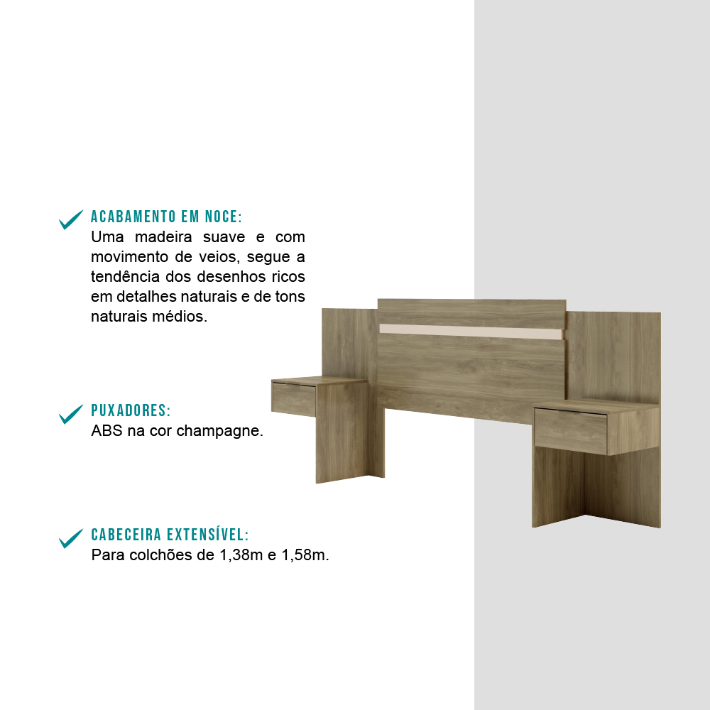 Cabeceira Casal 1114 Extensível e Mesa Lateral Noce Carraro