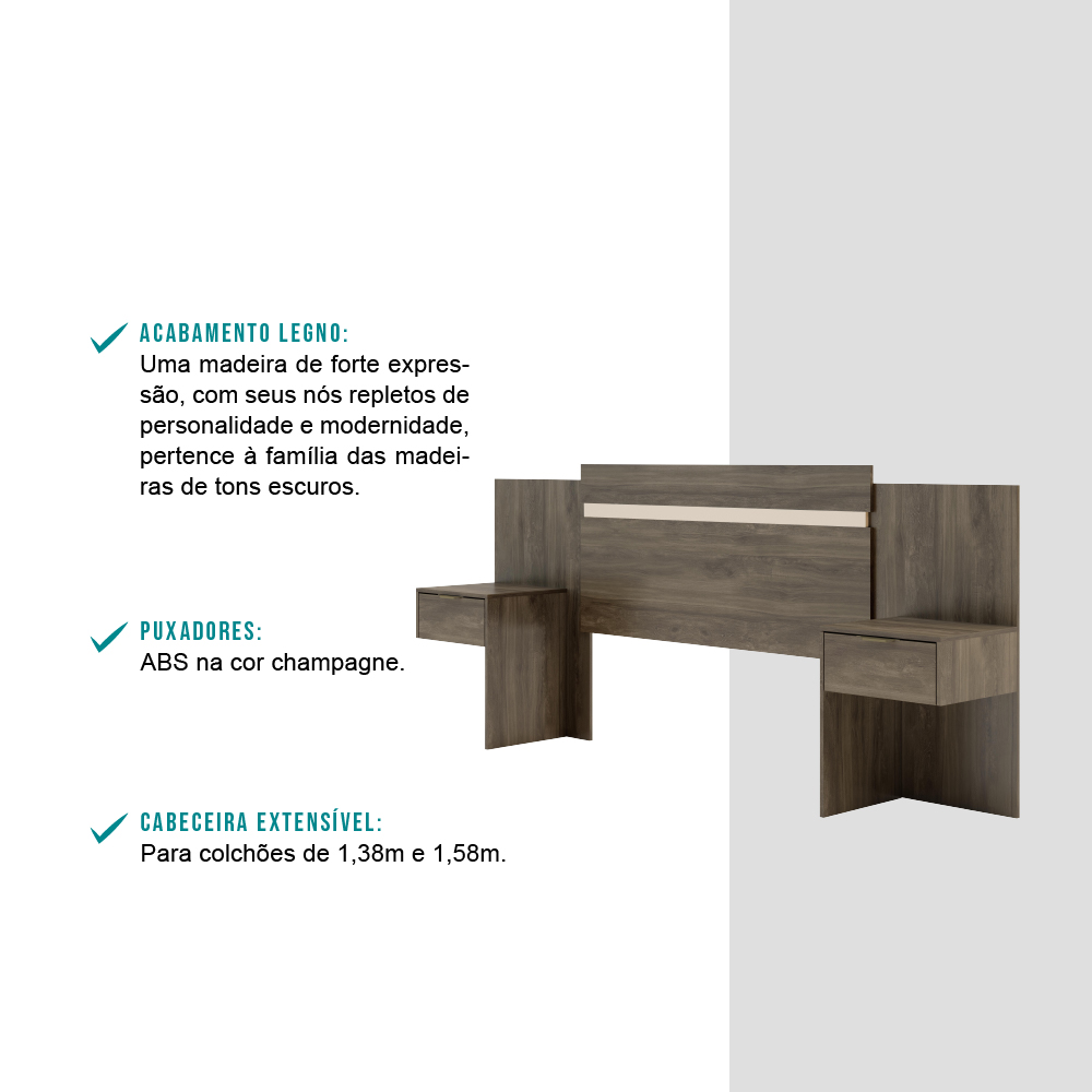 Cabeceira Casal Extensível e Mesa Lateral 1114 Carraro - Legno