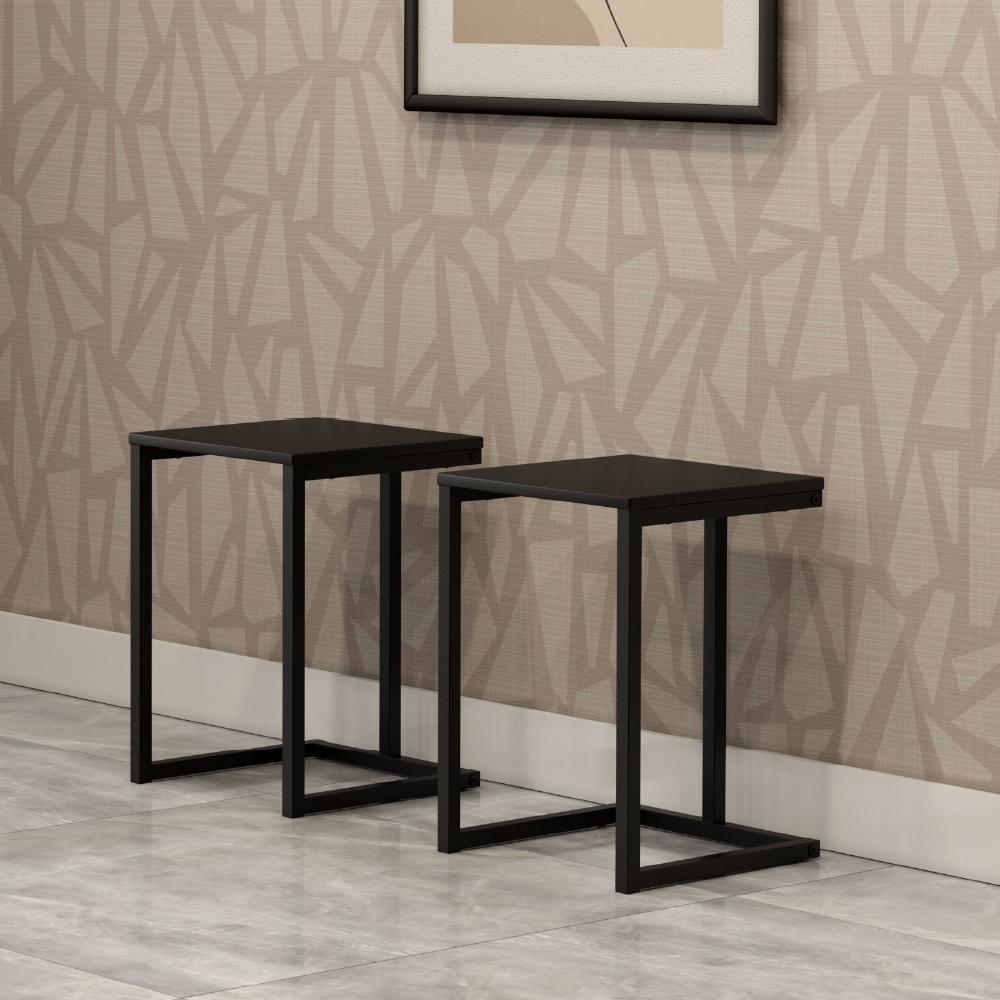 Conjunto 2 Banquetas Sala de Jantar Tubo Preto Madeirado Preto