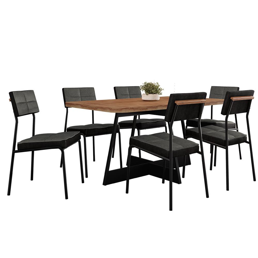 Conjunto Sala de Jantar Loanda 6 Cadeiras Carraro Grafite/Preto/Nogal