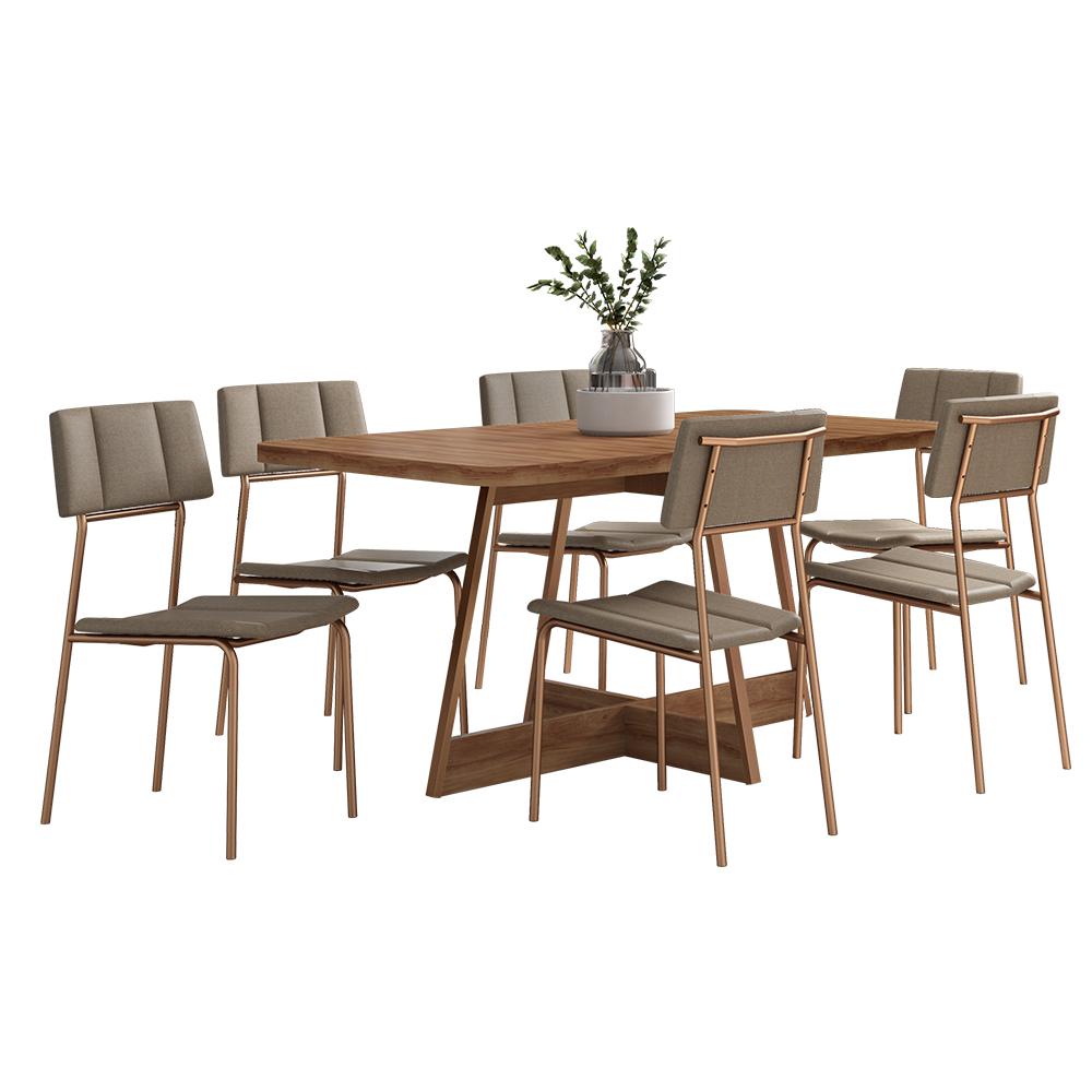 Conjunto Sala de Jantar Los Angeles 6 Cadeiras Carraro Areia/Rose/Nogal